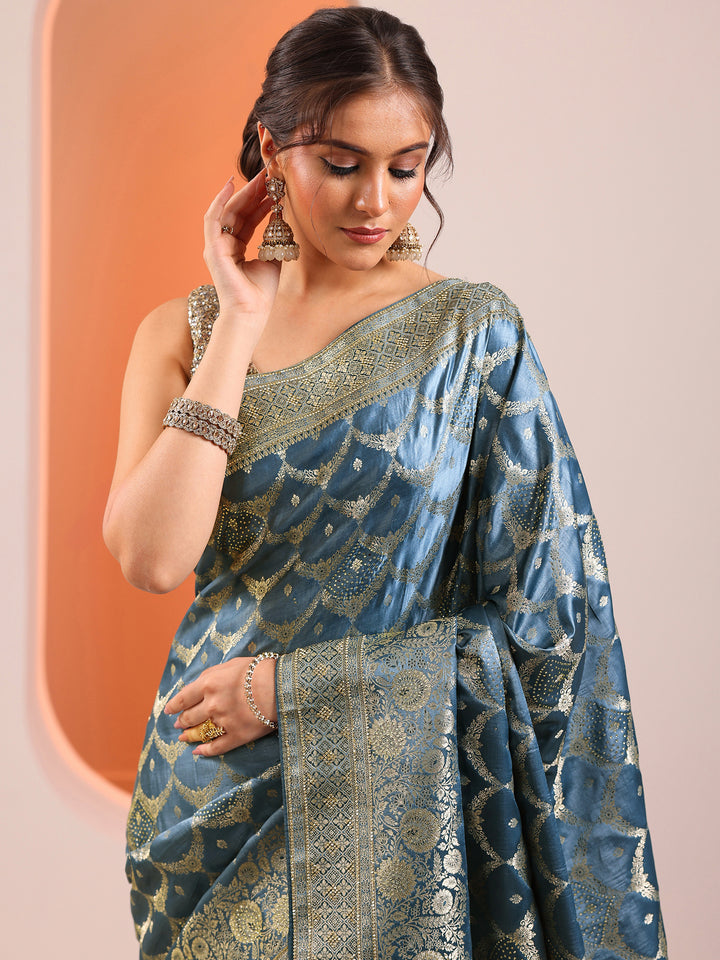 Blue Woven Design Banarasi Silk Blend Saree With Unstitched Blouse Piece