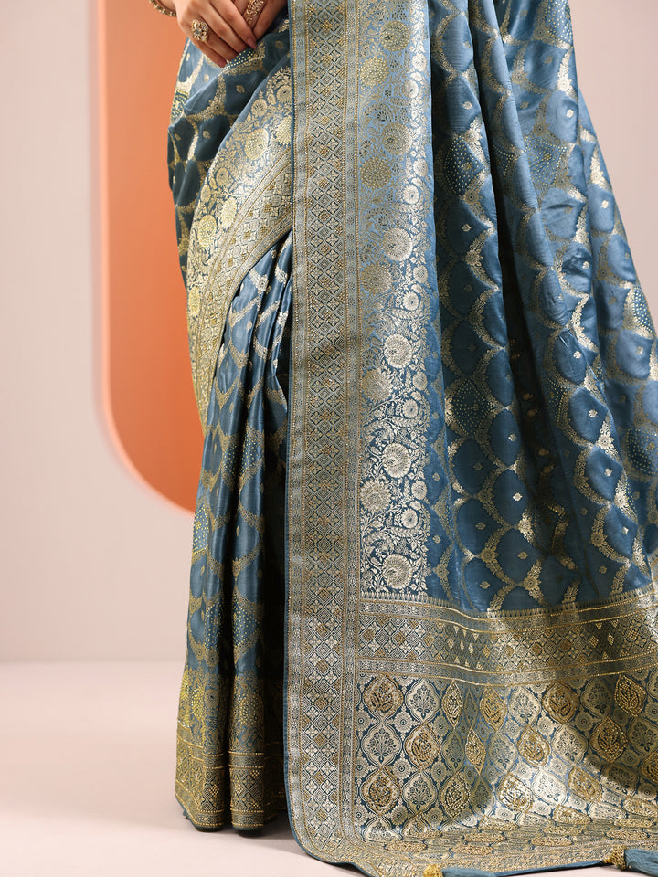 Blue Woven Design Banarasi Silk Blend Saree With Unstitched Blouse Piece