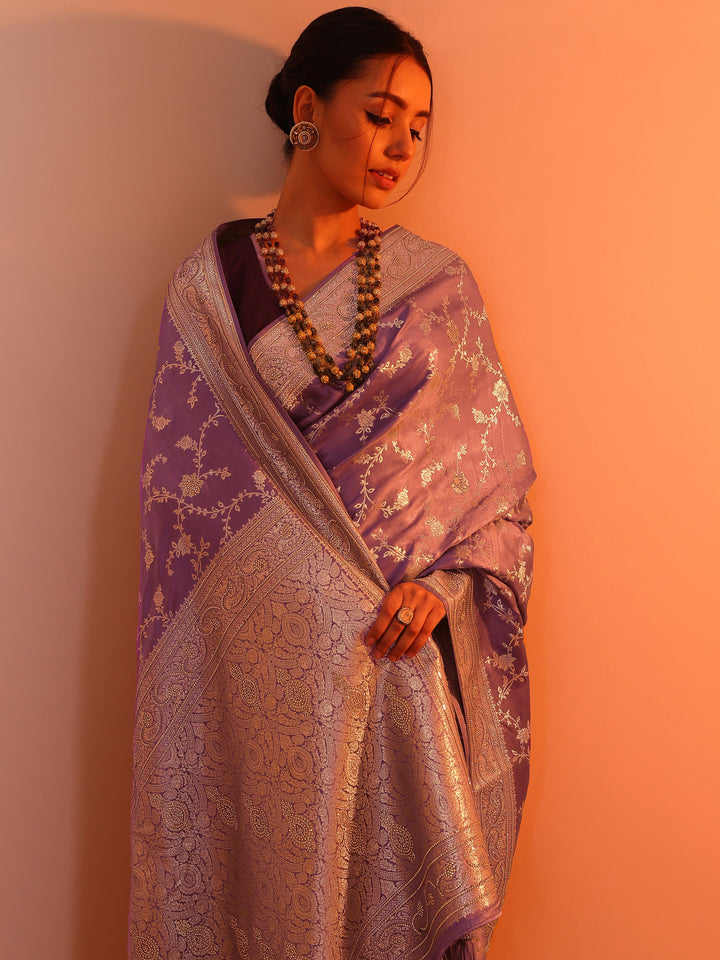 Lavender Woven Design Banarasi Silk Blend Saree With Unstitched Blouse Piece