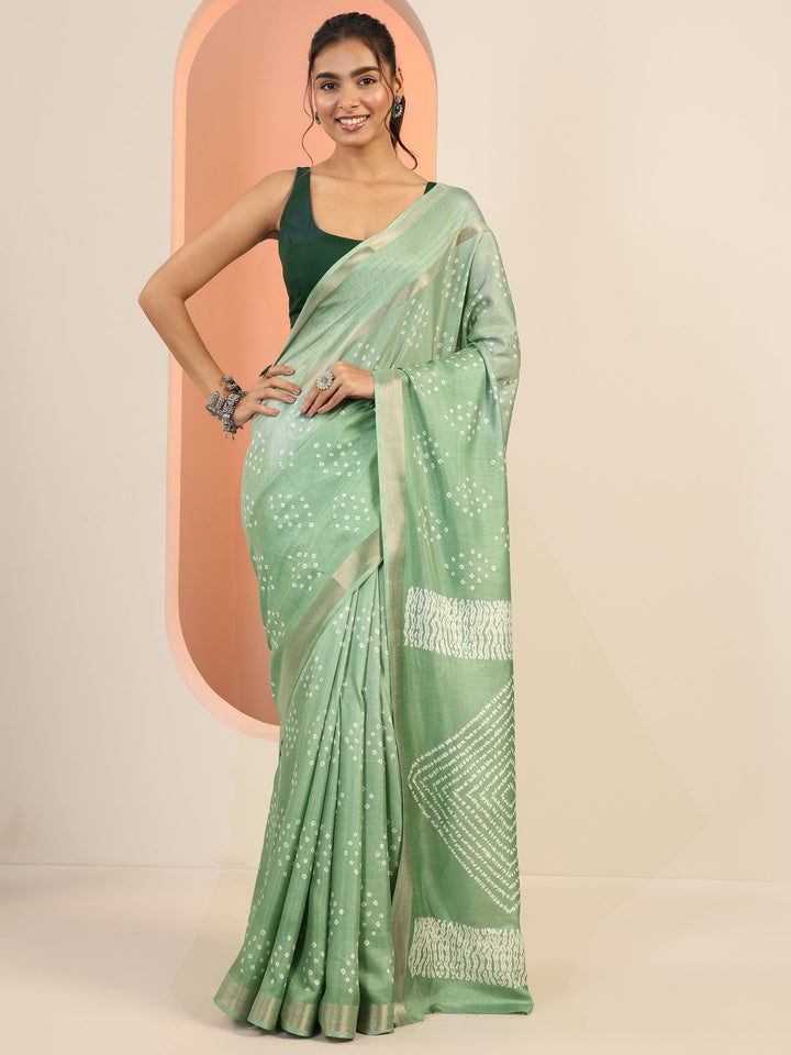 Green Printed Silk Blend Saree With Unstitched Blouse Piece