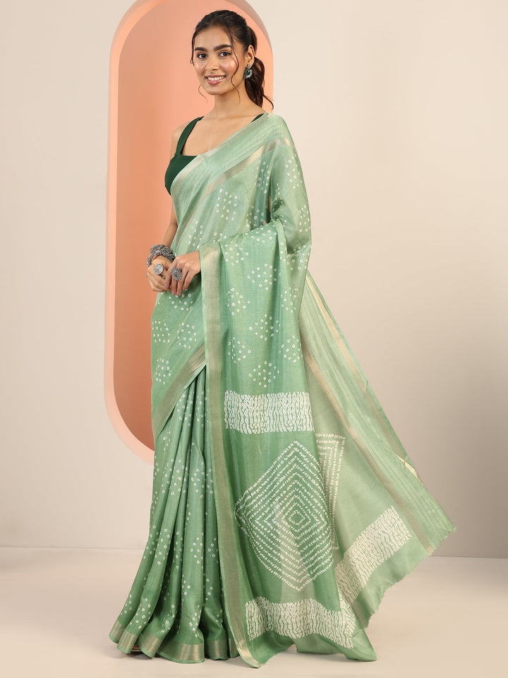 Green Printed Silk Blend Saree With Unstitched Blouse Piece