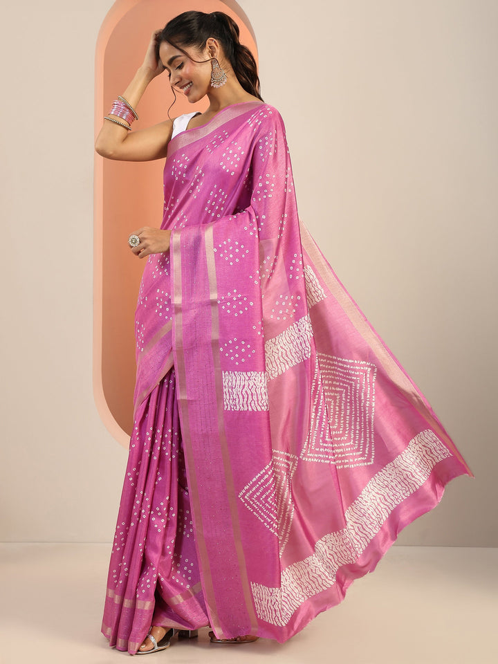 Pink Printed Silk Blend Saree With Unstitched Blouse Piece