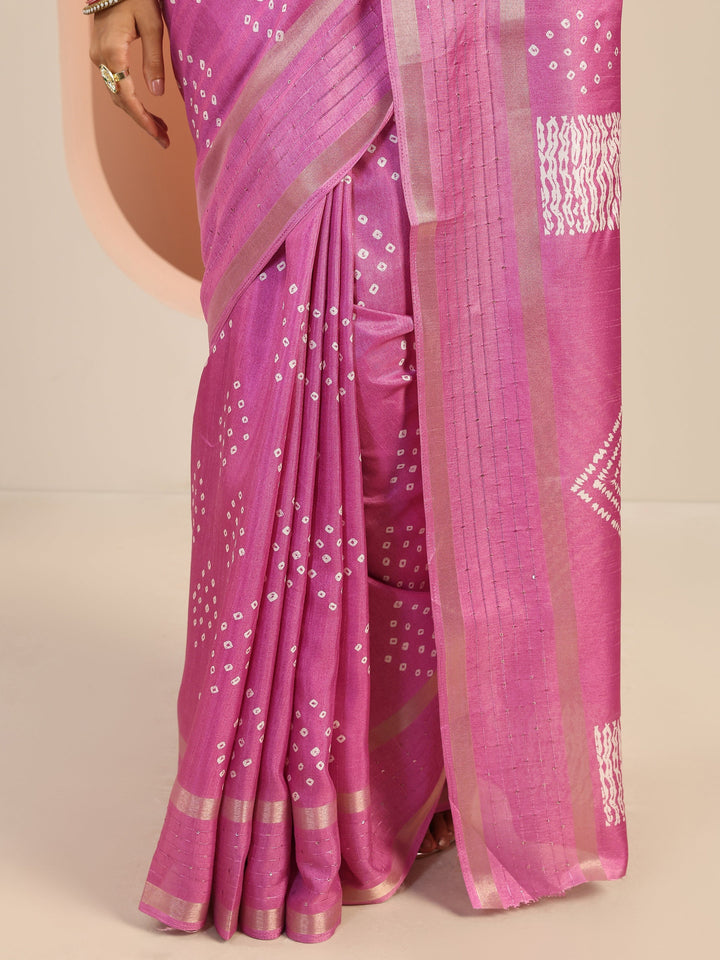 Pink Printed Silk Blend Saree With Unstitched Blouse Piece