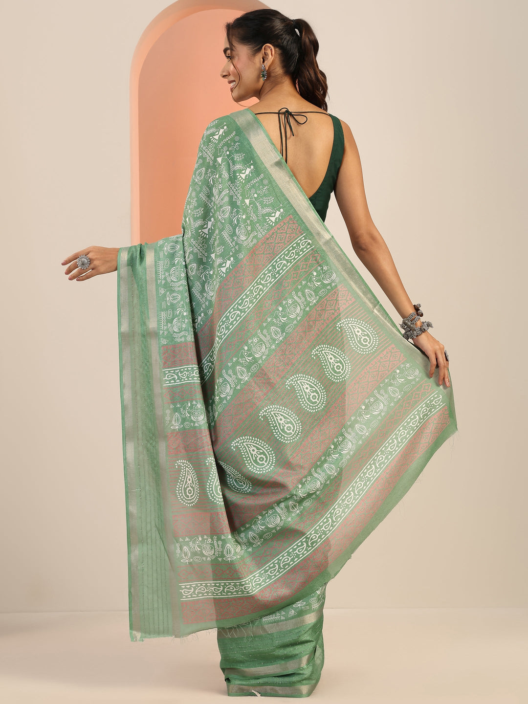 Green Printed Silk Blend Saree With Unstitched Blouse Piece