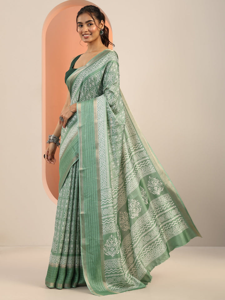 Green Printed Silk Blend Saree With Unstitched Blouse Piece