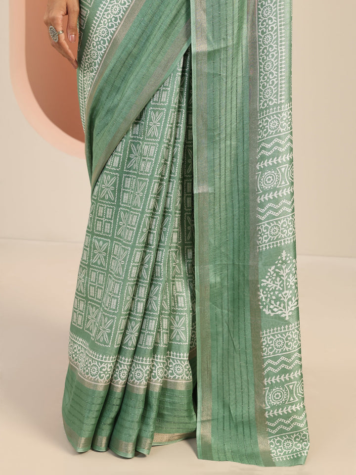 Green Printed Silk Blend Saree With Unstitched Blouse Piece