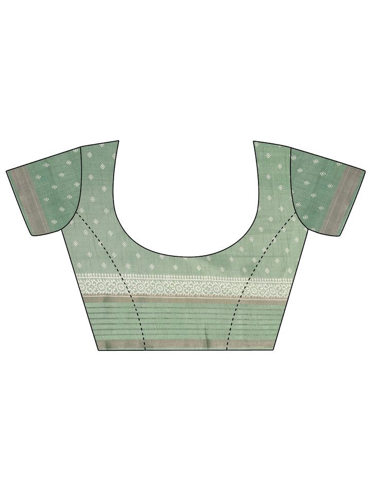 Green Printed Silk Blend Saree With Unstitched Blouse Piece