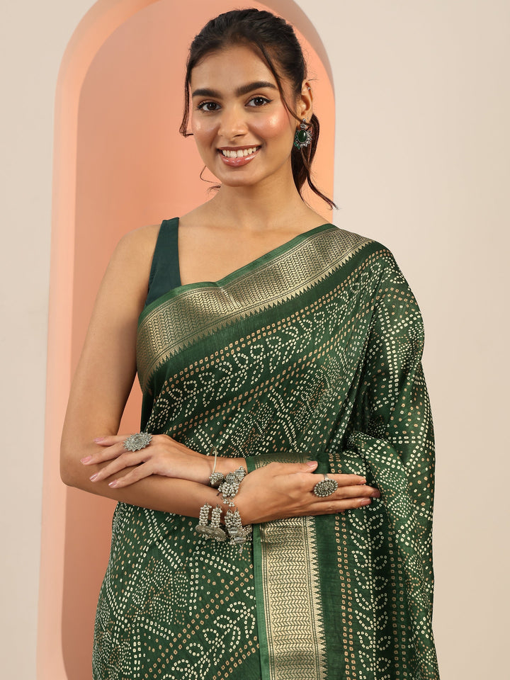 Green Printed Silk Blend Saree With Unstitched Blouse Piece