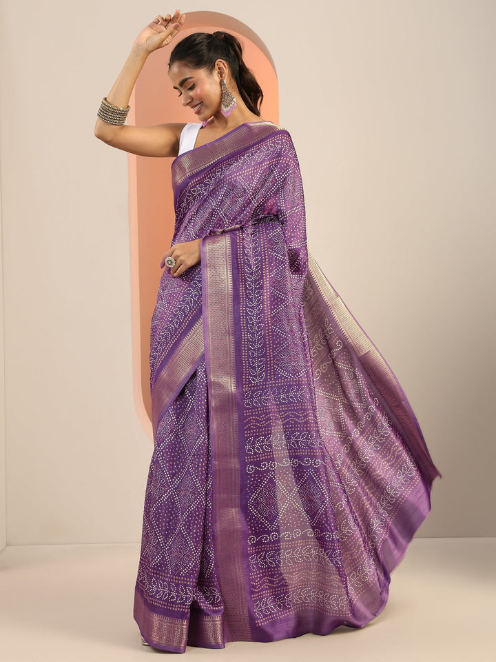 Lavender Printed Silk Blend Saree With Unstitched Blouse Piece