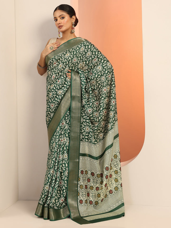 Green Printed Silk Blend Saree With Unstitched Blouse Piece