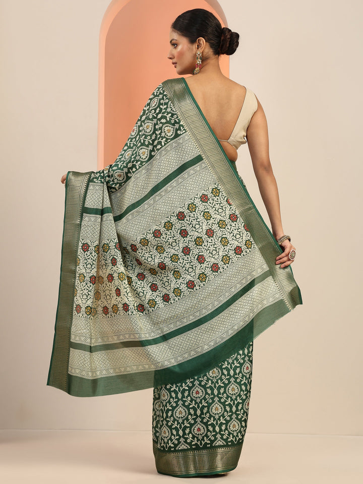Green Printed Silk Blend Saree With Unstitched Blouse Piece