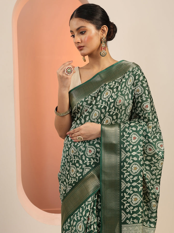 Green Printed Silk Blend Saree With Unstitched Blouse Piece
