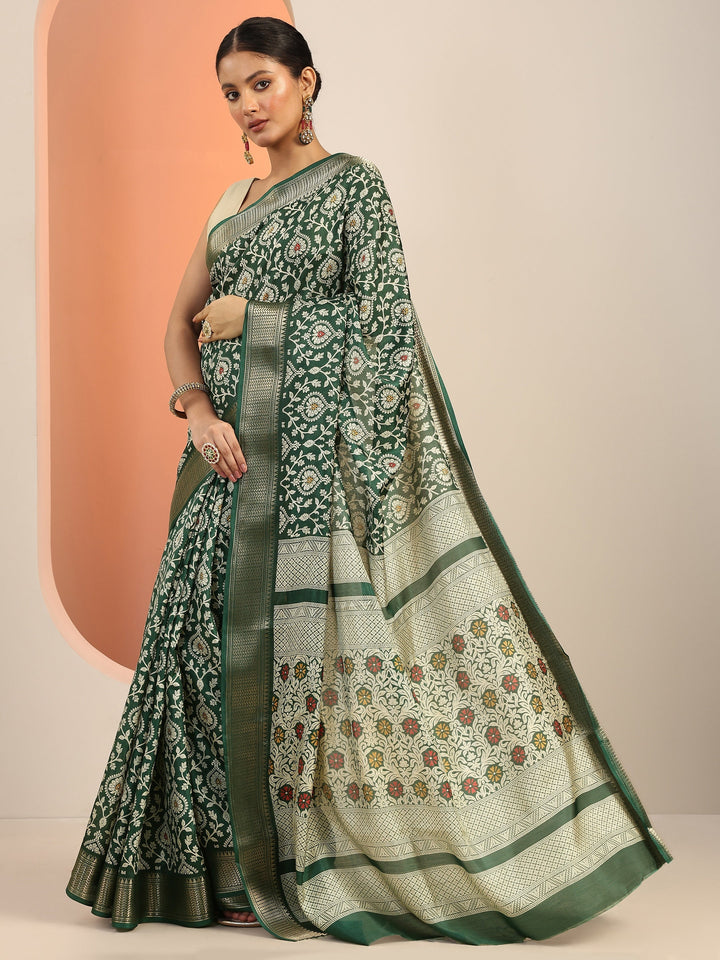 Green Printed Silk Blend Saree With Unstitched Blouse Piece