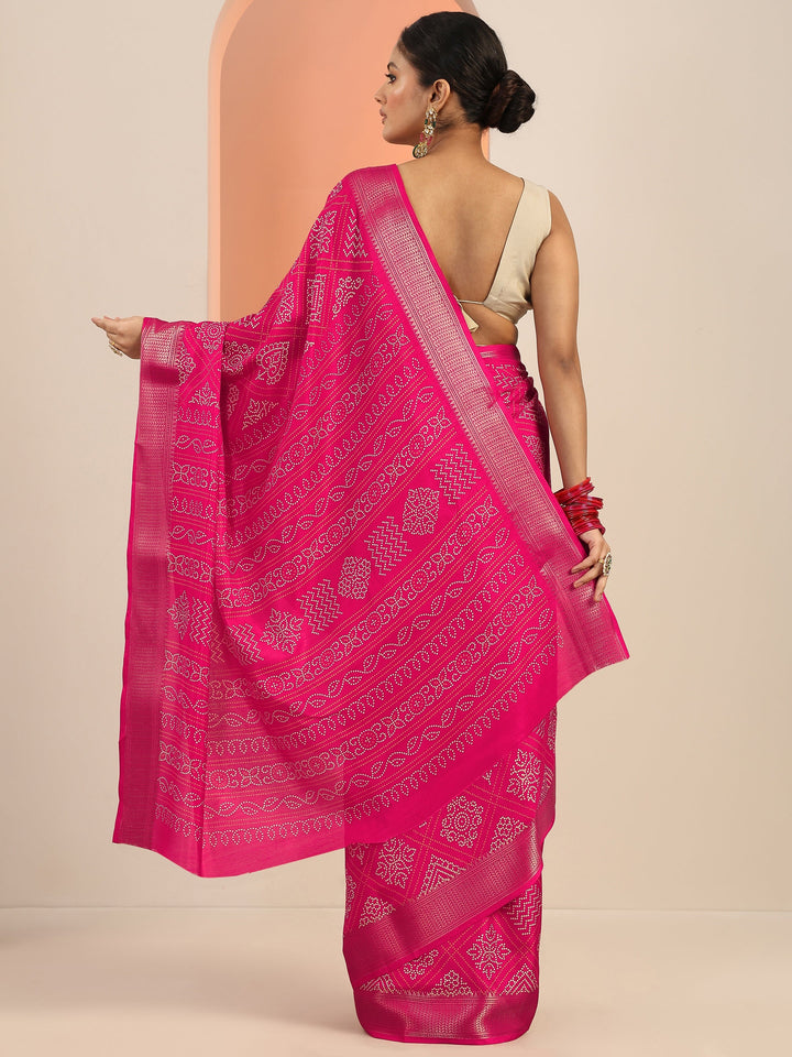 Pink Printed Silk Blend Saree With Unstitched Blouse Piece