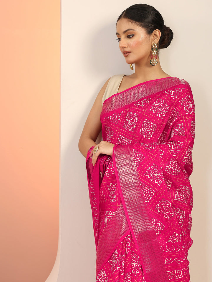 Pink Printed Silk Blend Saree With Unstitched Blouse Piece