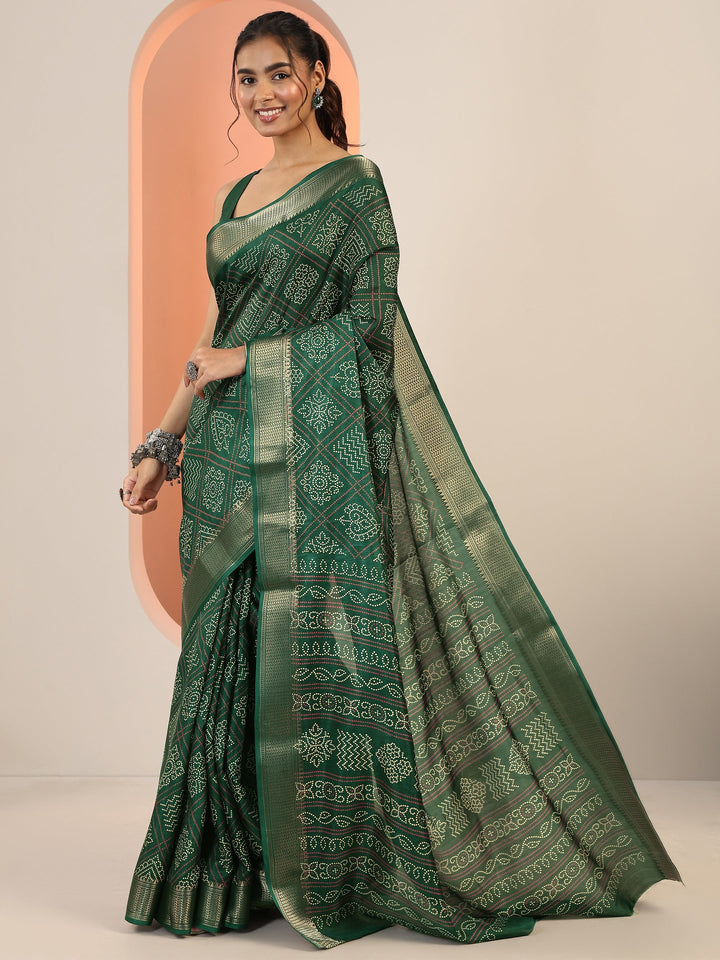 Green Printed Silk Blend Saree With Unstitched Blouse Piece