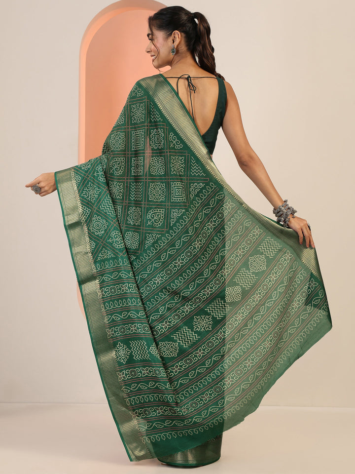 Green Printed Silk Blend Saree With Unstitched Blouse Piece