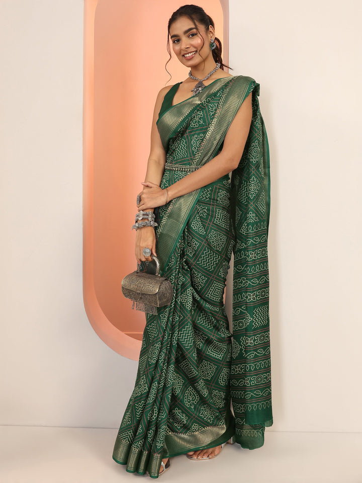 Green Printed Silk Blend Saree With Unstitched Blouse Piece