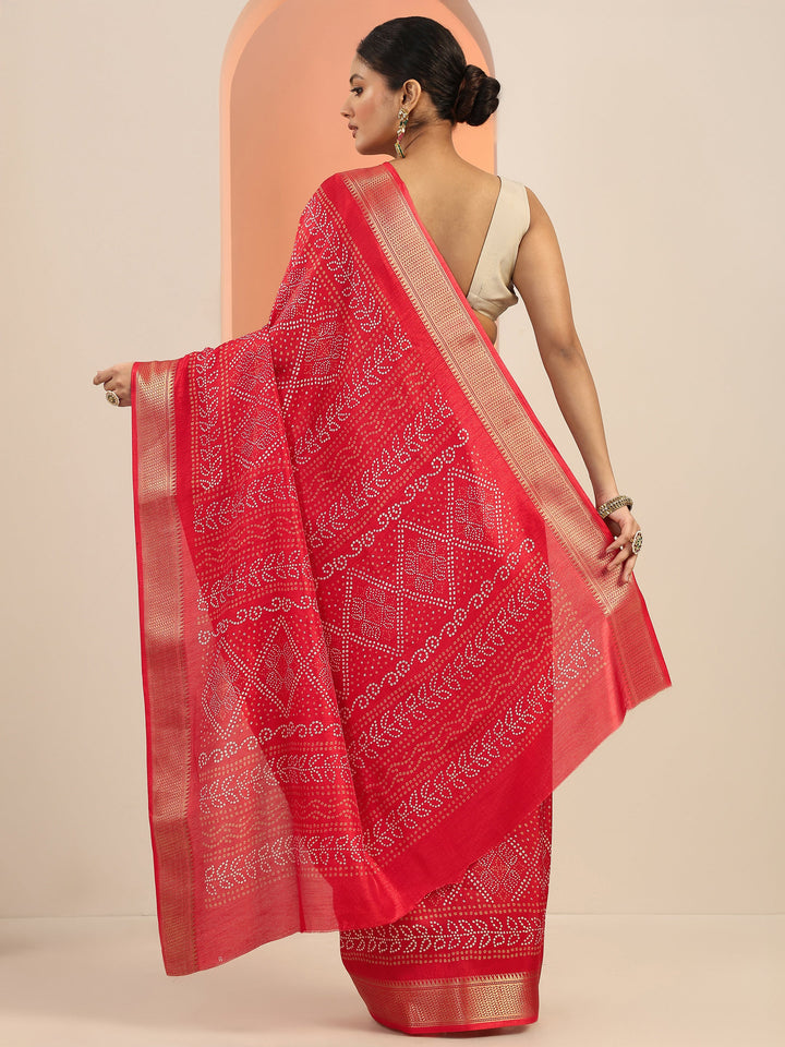 Red Printed Silk Blend Saree With Unstitched Blouse Piece