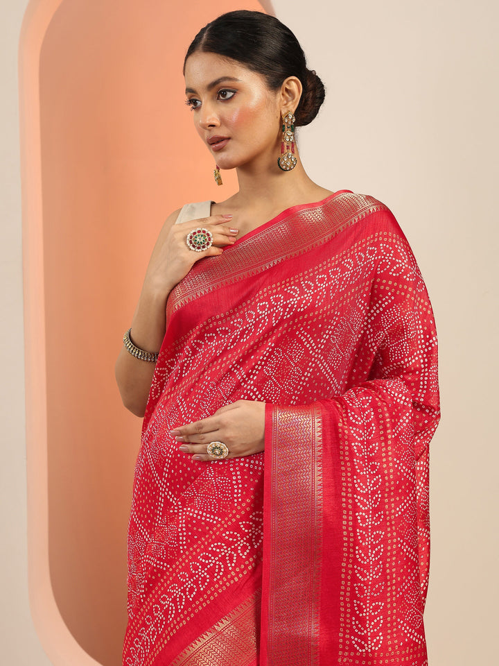 Red Printed Silk Blend Saree With Unstitched Blouse Piece