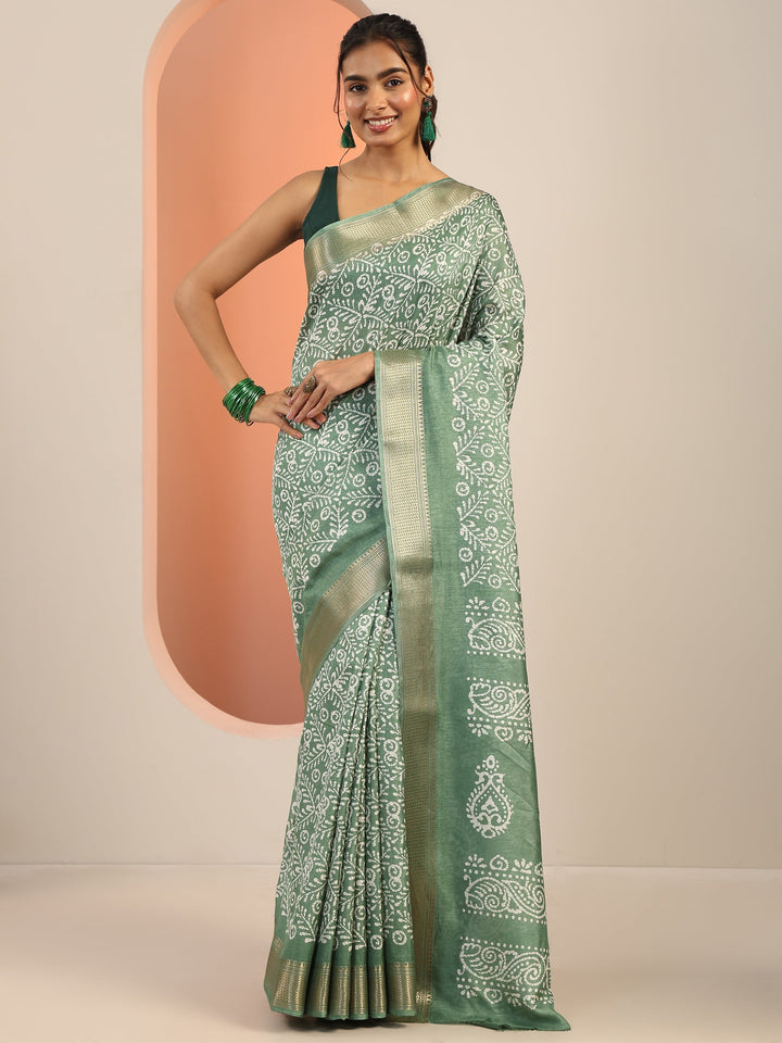 Green Printed Silk Blend Saree With Unstitched Blouse Piece