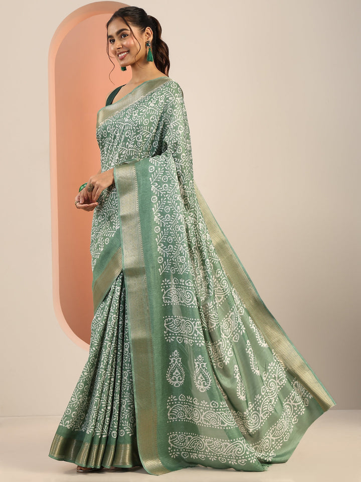 Green Printed Silk Blend Saree With Unstitched Blouse Piece