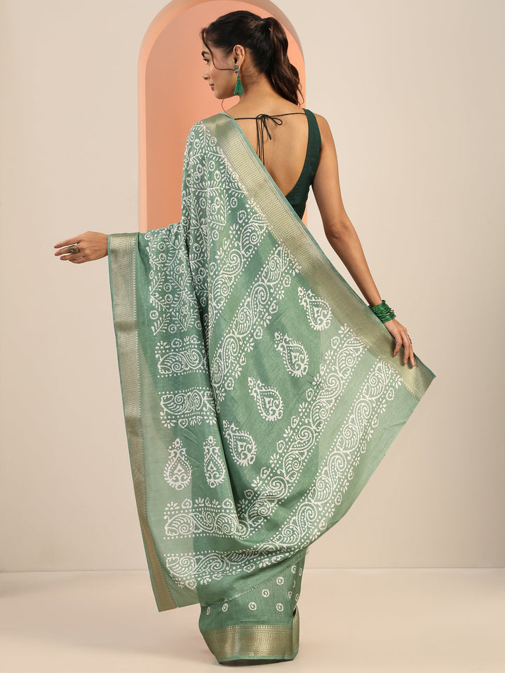 Green Printed Silk Blend Saree With Unstitched Blouse Piece