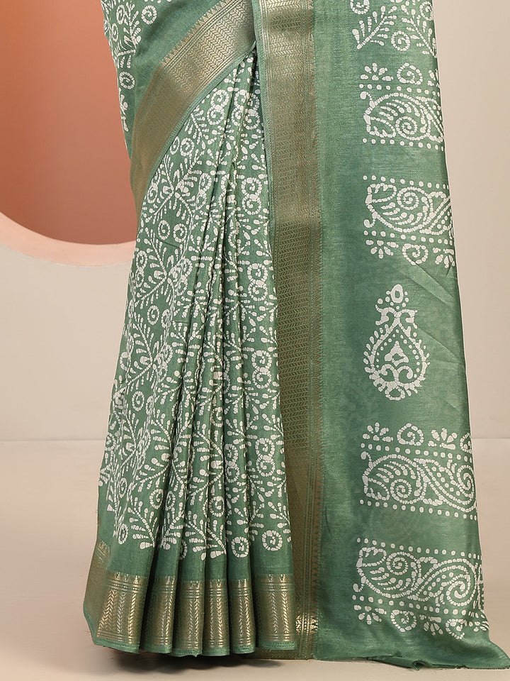 Green Printed Silk Blend Saree With Unstitched Blouse Piece