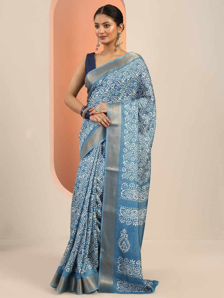 Blue Printed Silk Blend Saree With Unstitched Blouse Piece