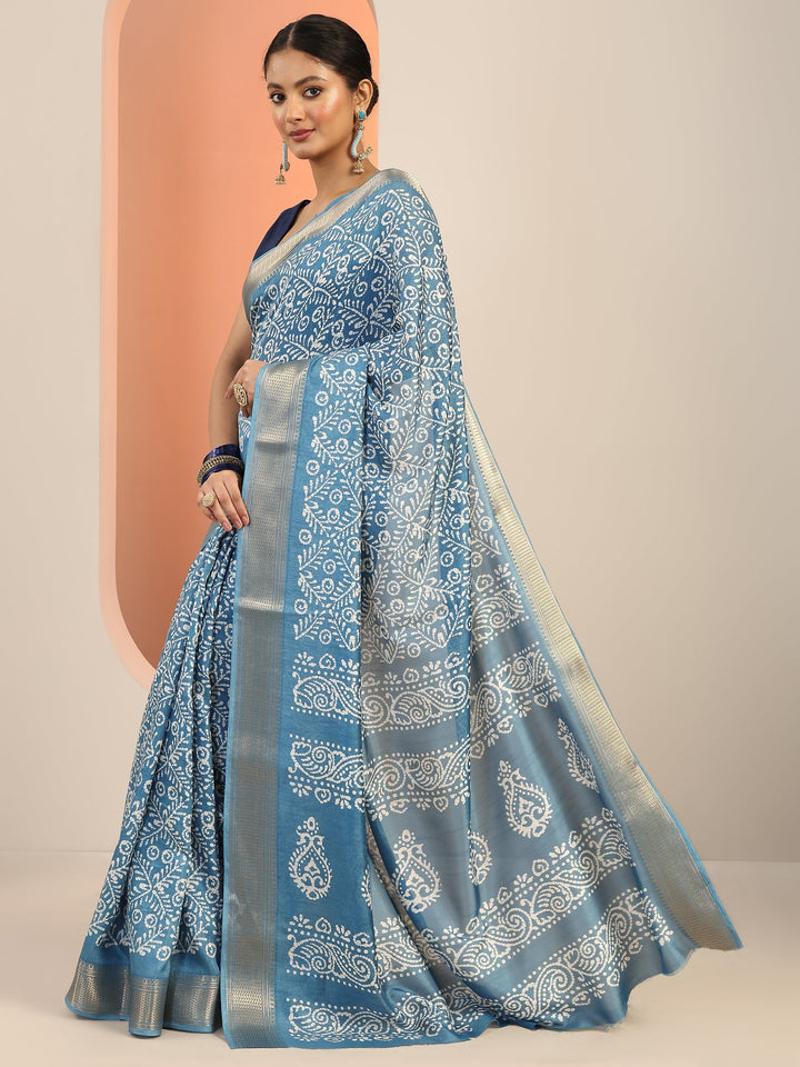Blue Printed Silk Blend Saree With Unstitched Blouse Piece