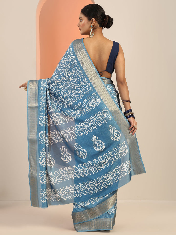 Blue Printed Silk Blend Saree With Unstitched Blouse Piece