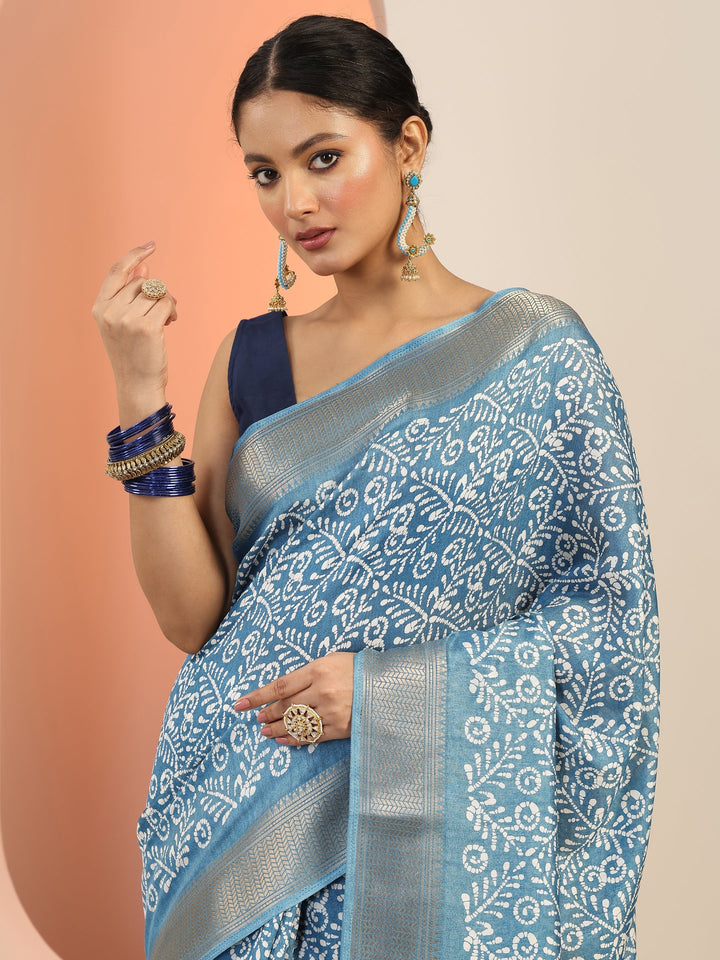 Blue Printed Silk Blend Saree With Unstitched Blouse Piece