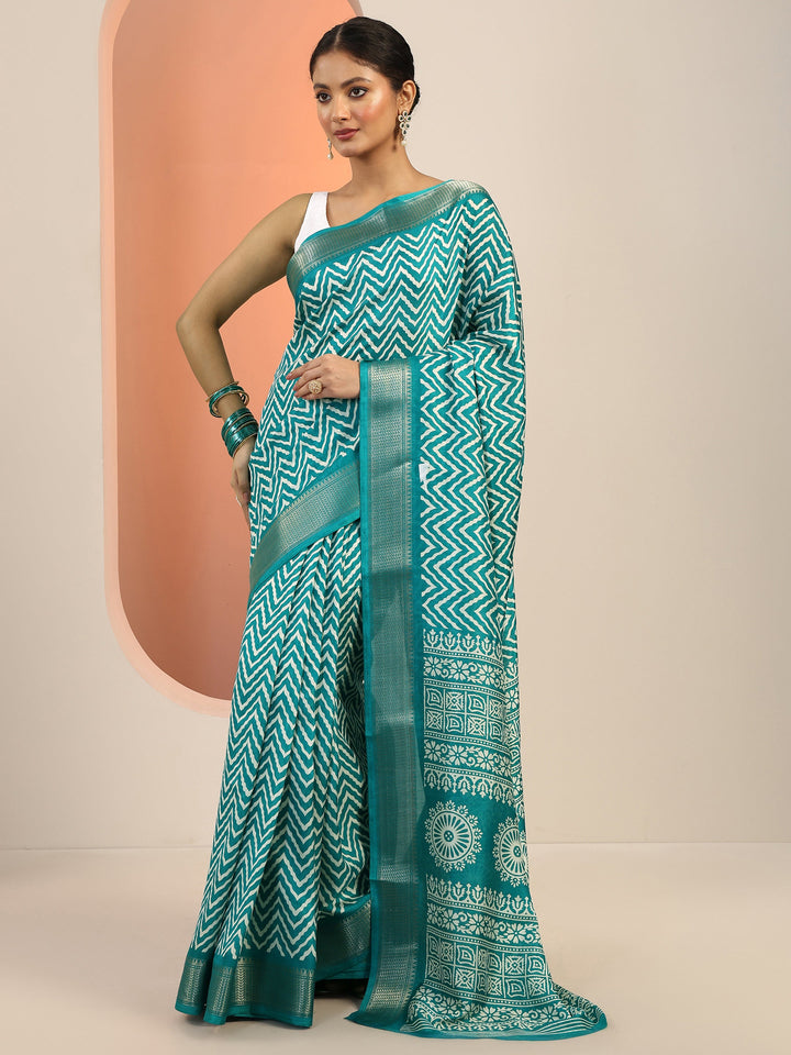 Green Printed Silk Blend Saree With Unstitched Blouse Piece