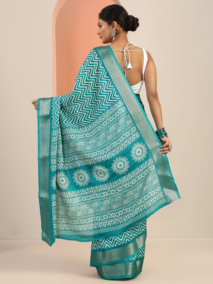 Green Printed Silk Blend Saree With Unstitched Blouse Piece