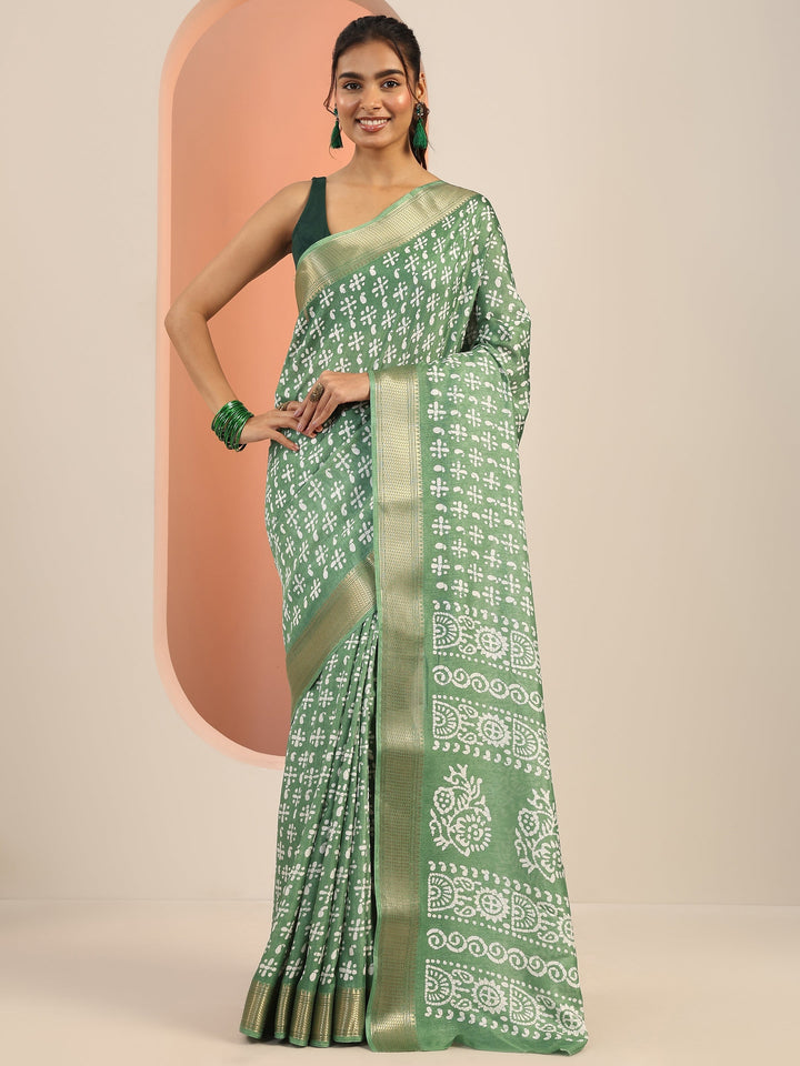 Green Printed Silk Blend Saree With Unstitched Blouse Piece