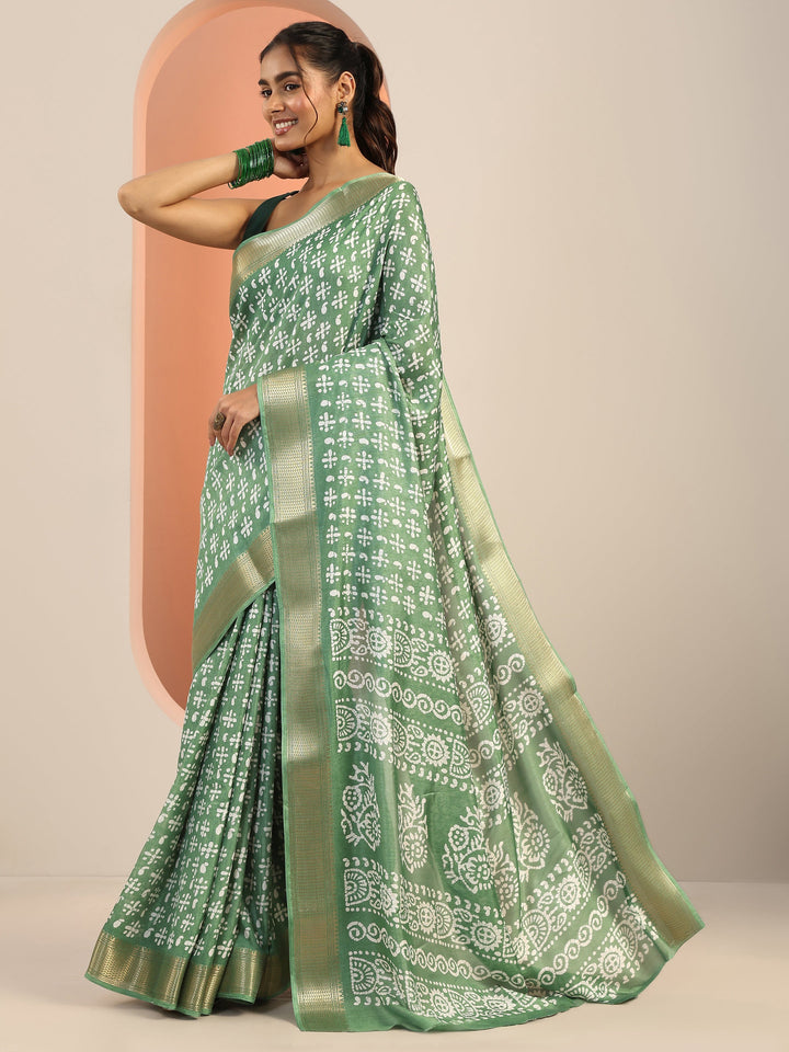 Green Printed Silk Blend Saree With Unstitched Blouse Piece