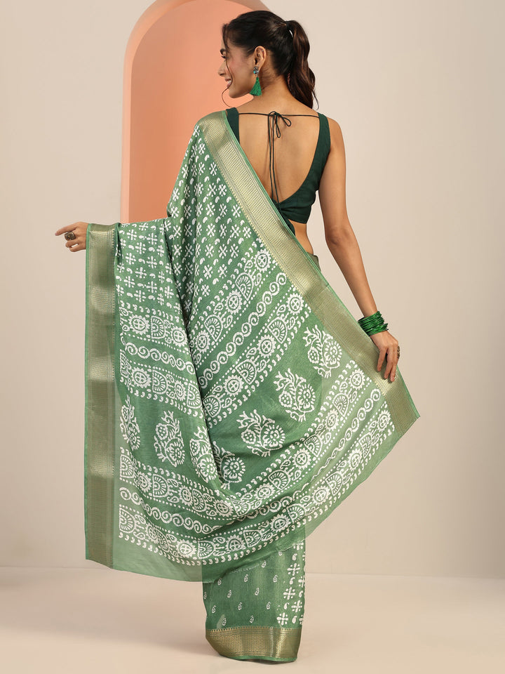 Green Printed Silk Blend Saree With Unstitched Blouse Piece