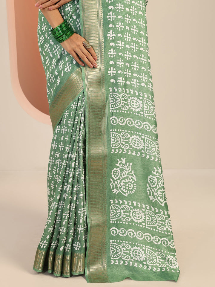 Green Printed Silk Blend Saree With Unstitched Blouse Piece