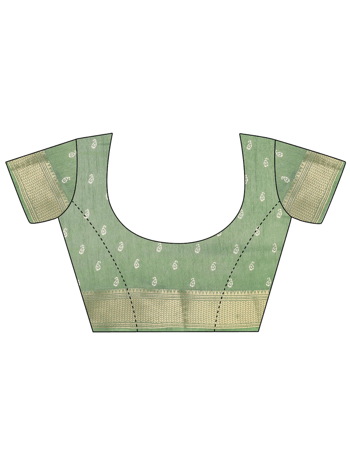 Green Printed Silk Blend Saree With Unstitched Blouse Piece