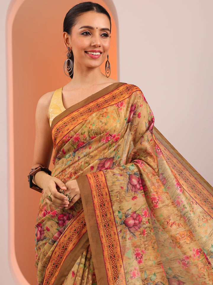Mustard Printed Silk Blend Saree With Unstitched Blouse Piece