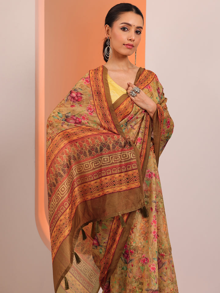 Mustard Printed Silk Blend Saree With Unstitched Blouse Piece