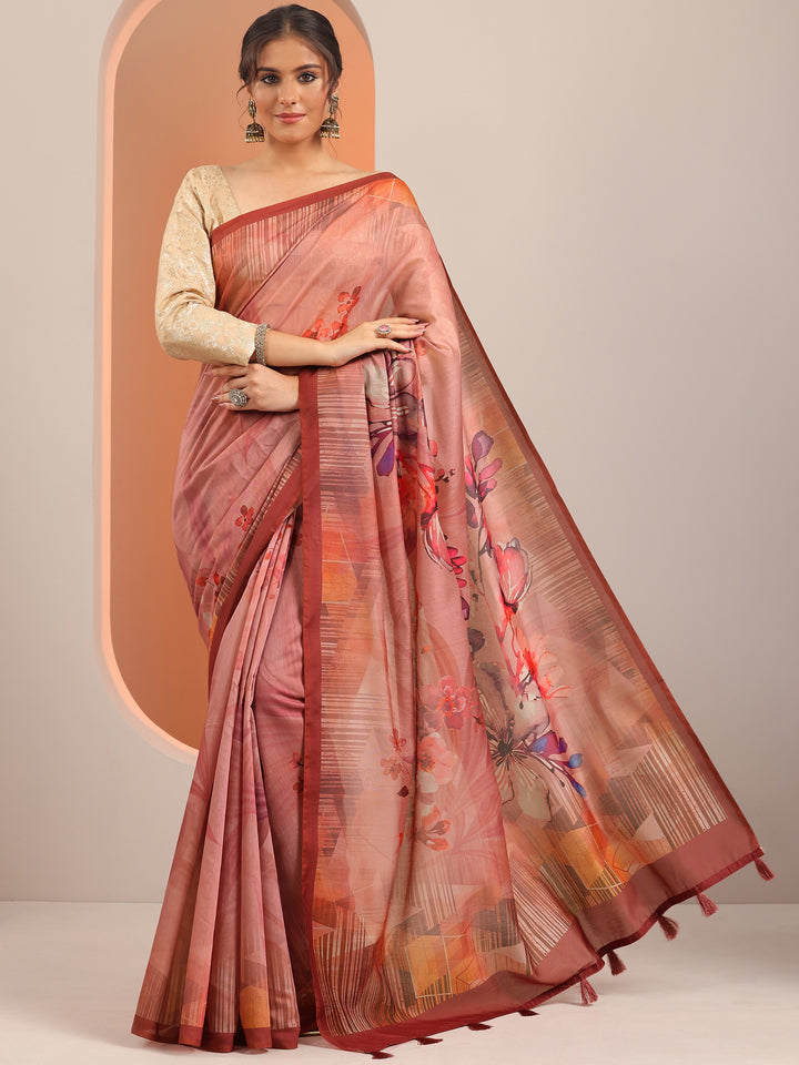 Peach Printed Silk Blend Saree With Unstitched Blouse Piece
