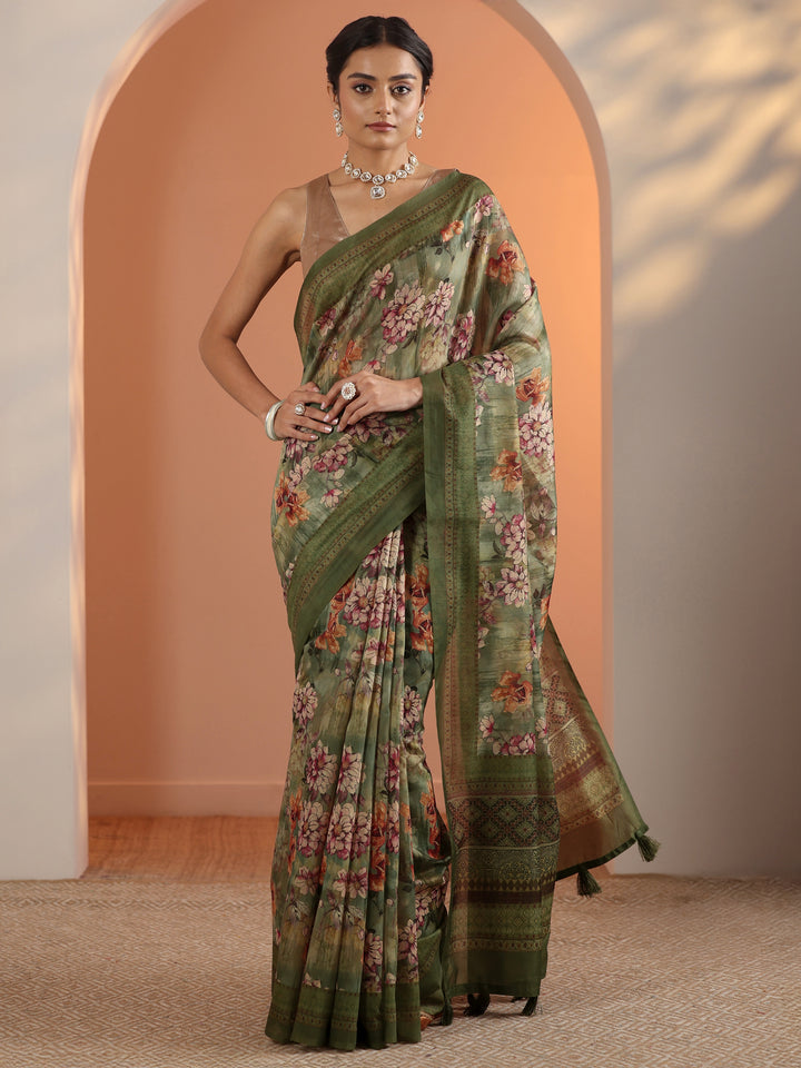 Green Printed Silk Blend Saree With Unstitched Blouse Piece