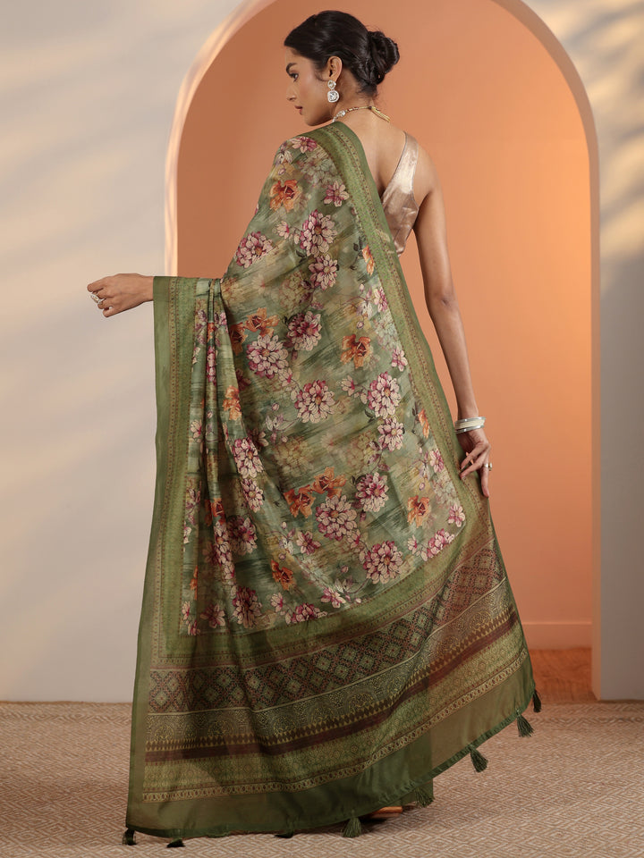Green Printed Silk Blend Saree With Unstitched Blouse Piece