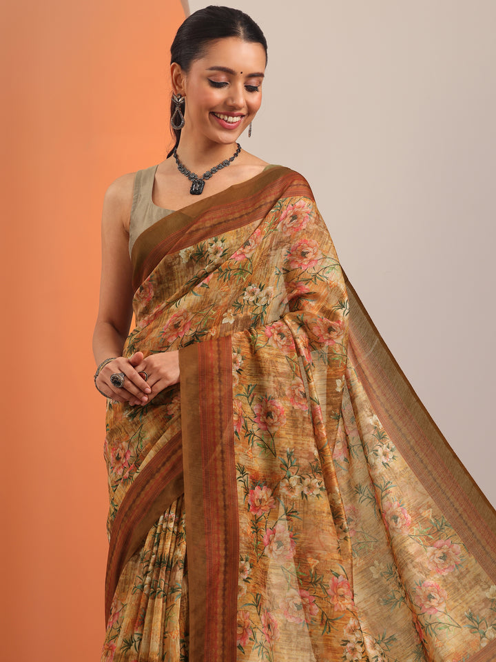Mustard Printed Silk Blend Saree With Unstitched Blouse Piece