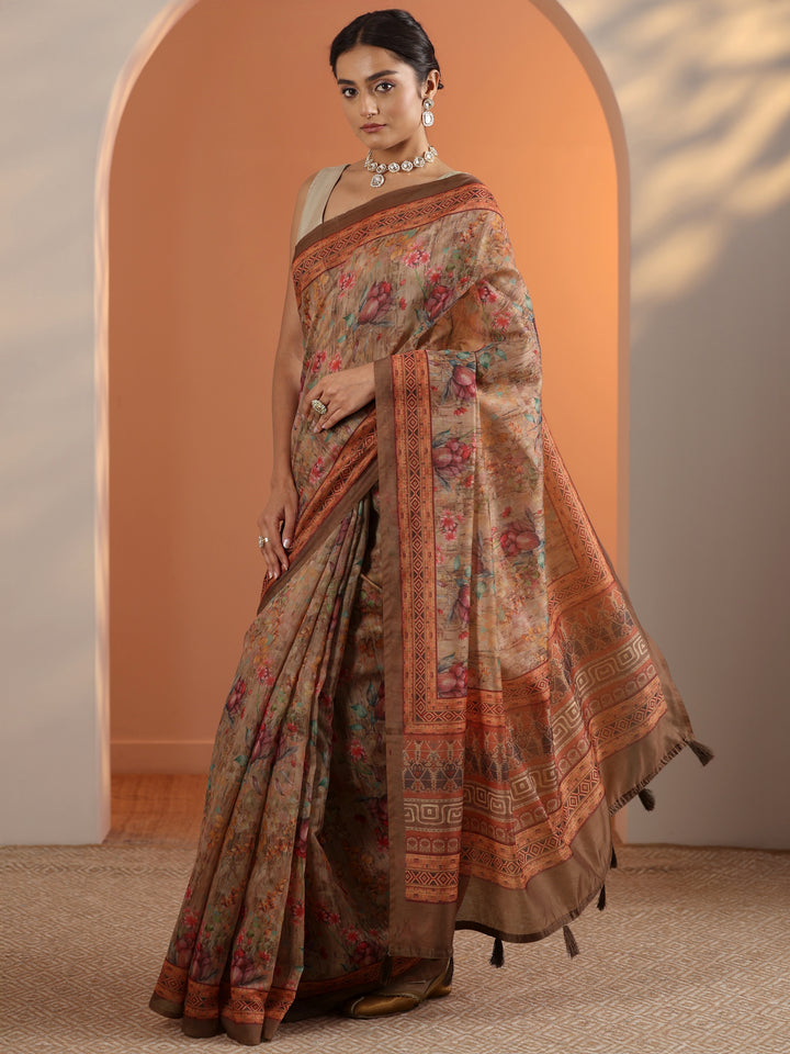 Rust Printed Silk Blend Saree With Unstitched Blouse Piece