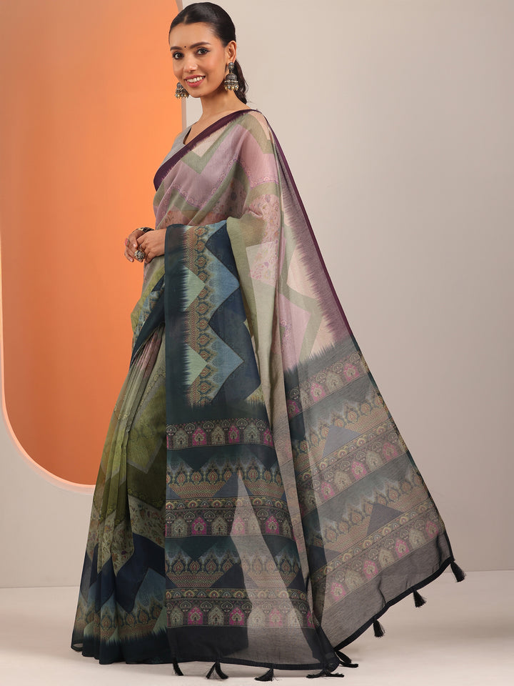 Green Printed Silk Blend Saree With Unstitched Blouse Piece