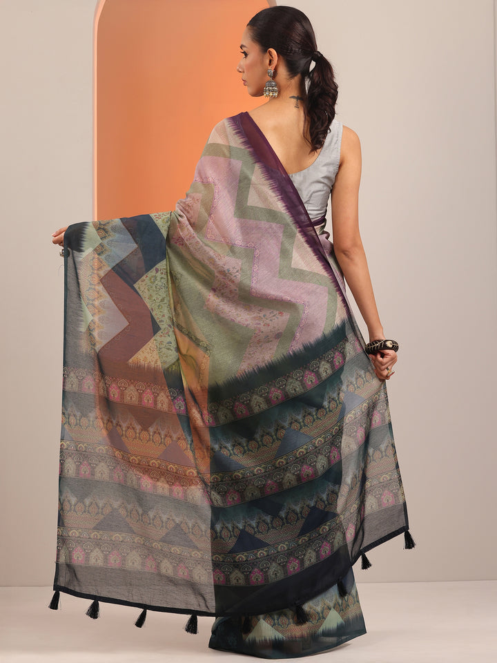 Green Printed Silk Blend Saree With Unstitched Blouse Piece