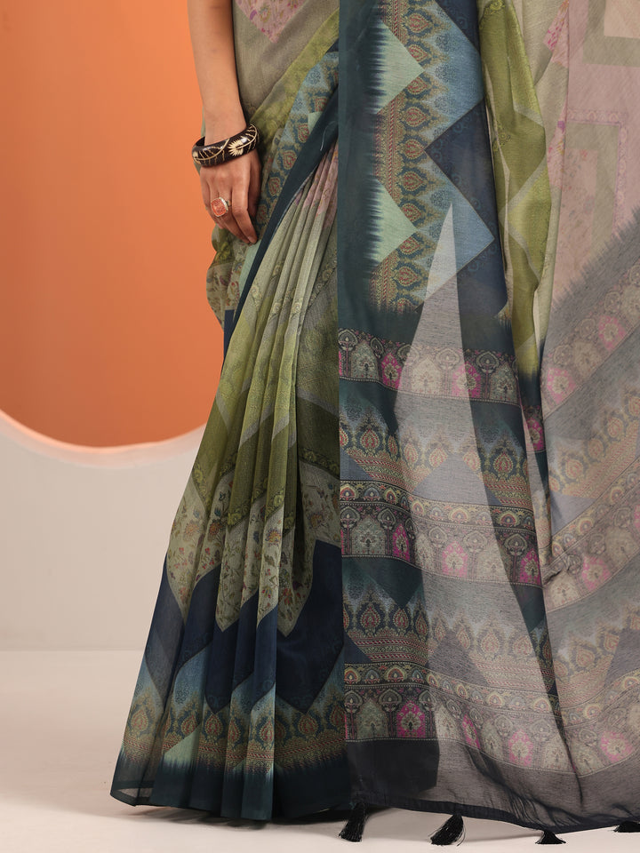 Green Printed Silk Blend Saree With Unstitched Blouse Piece