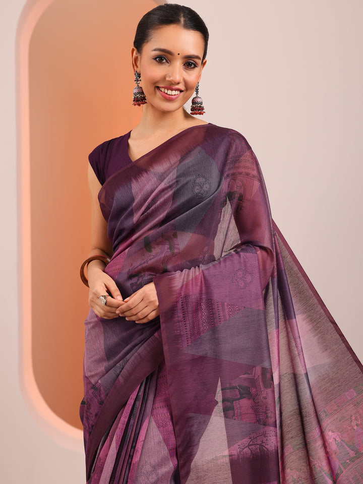 Purple Printed Silk Blend Saree With Unstitched Blouse Piece